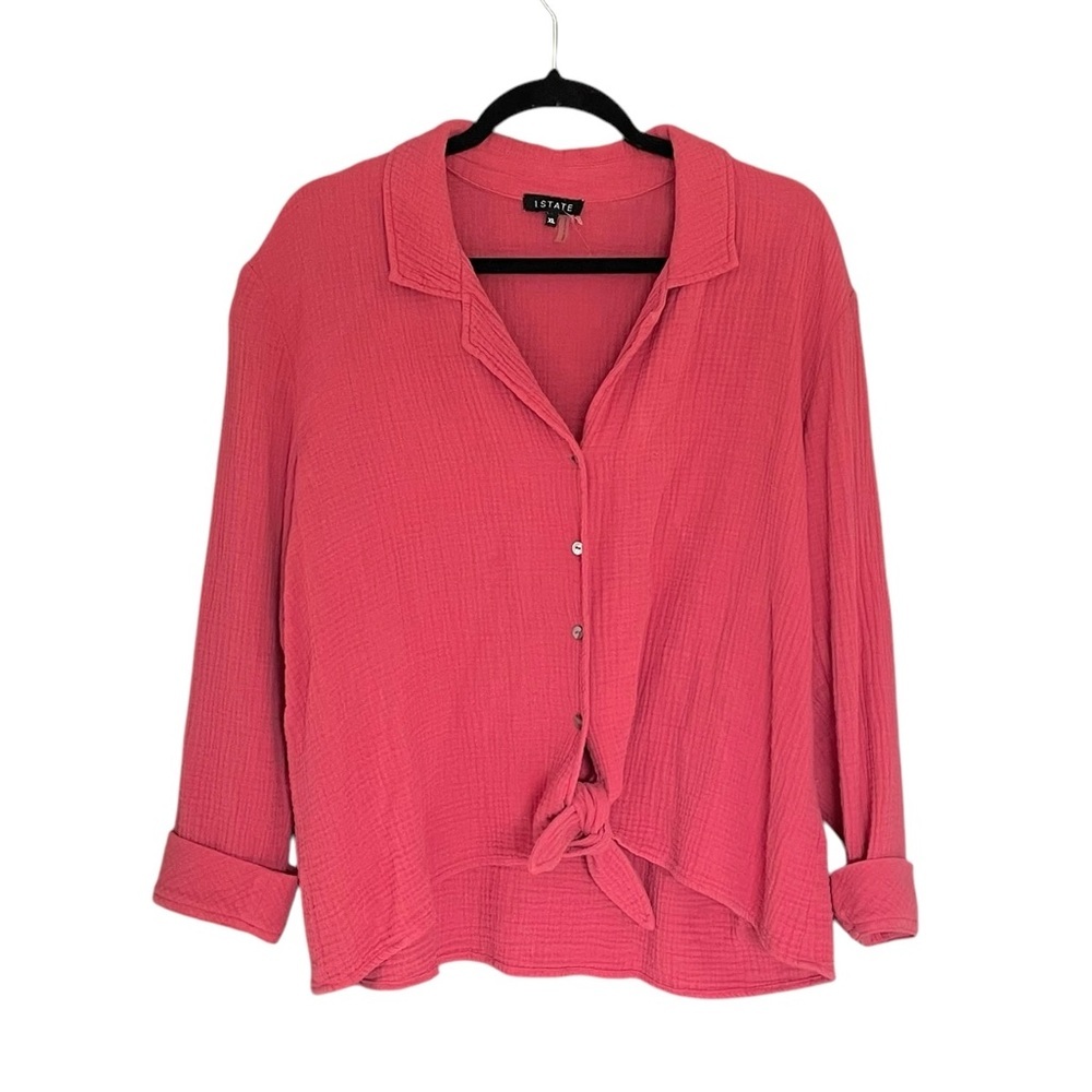 1 STATE Cotton Oversized Button Front Tie Waist Long Sleeve Blouse Pink XL